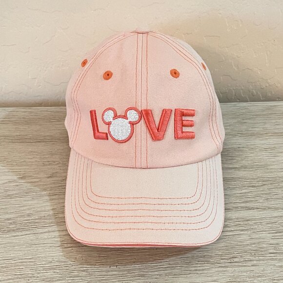 Disney Hat Cap Mickey Mouse Love Pink Peach Coral Stitched - Picture 6 of 7